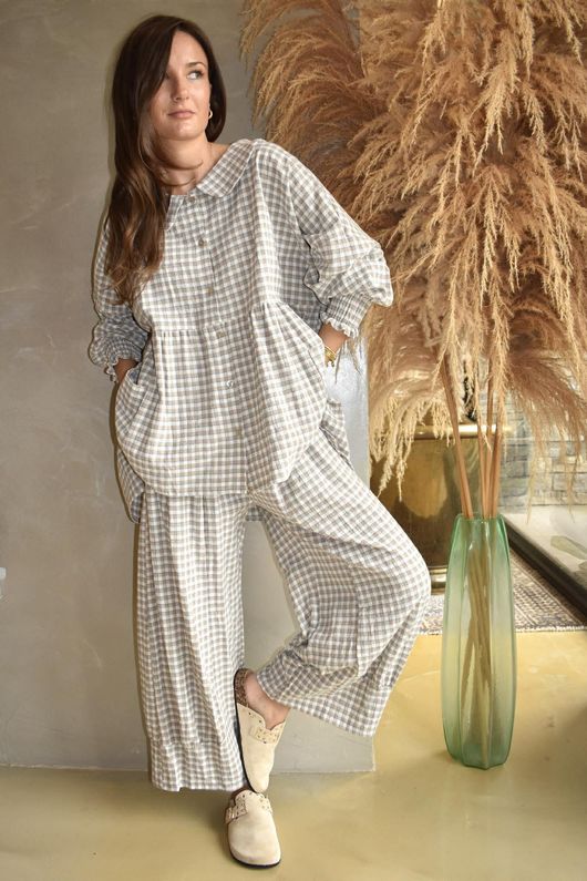 Annie Gingham Peter Pan Smock Blouse Mocha -